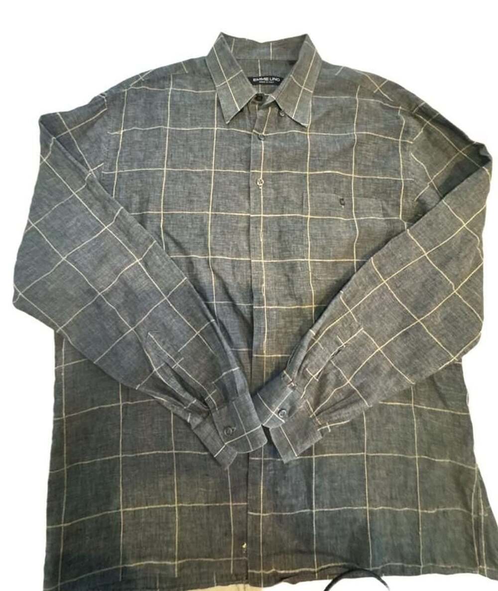 EMME UNO Made in Italy Men's Blue Gray Check Pattern Long Sleeve Button-Down Shi